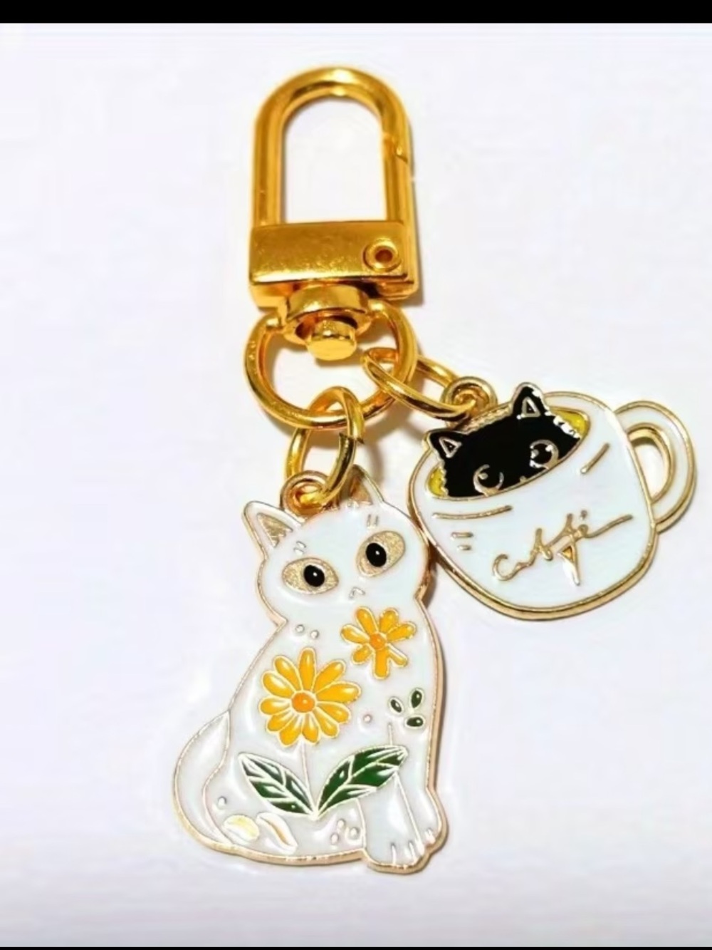 Cute Floral White Cat Keychain with Gold Accent - Cat in Cup bag Charm